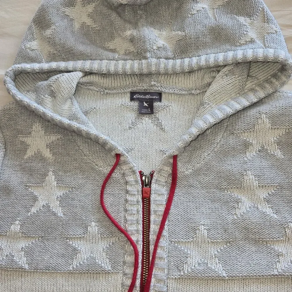 Eddie Bauer Sweater Womens Large 100% cotton grey stars Zip American Flag hoodie - Picture 4 of 8